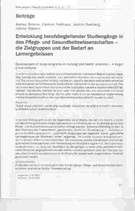 Vorschauseite 1: Entwicklung berufsbegleitender Studiengänge in den Pflegeund Gesundheitswissenschaften die Zielgruppen und der Bedarf an Lernergebnissen