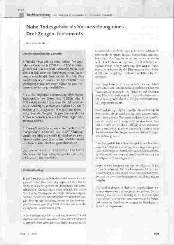Vorschauseite 1: Nahe Todesgefahr als Voraussetzung eines Drei-Zeugen-Testaments