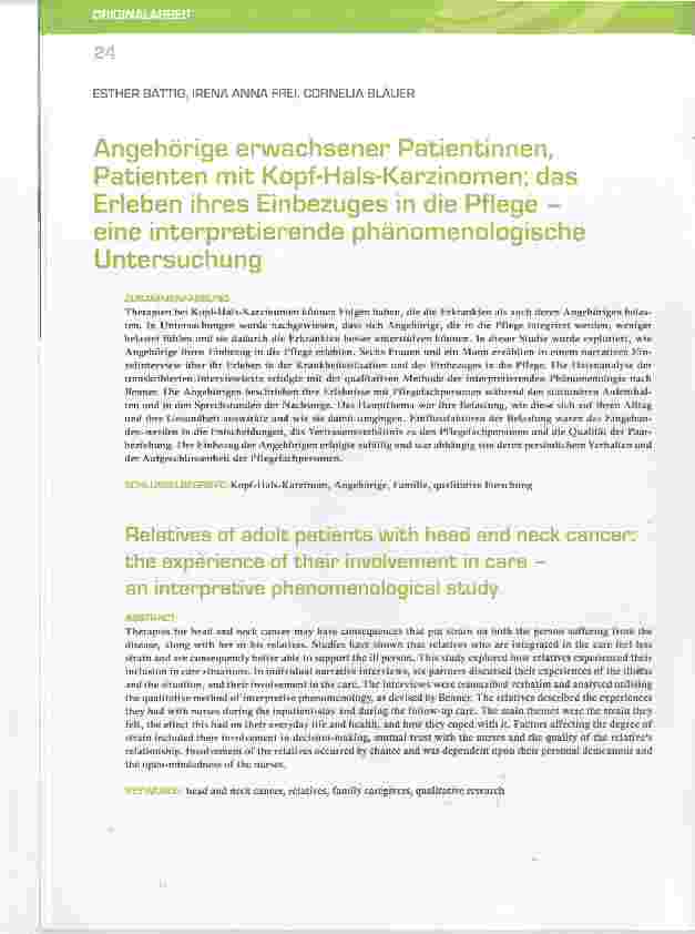 Vorschauseite 1: Angehörige erwachsener Patientinnen, Patienten mit Kopf-Hals-Karzinomen; dasErleben ihres Einbezuges in die Pflege -eine interpretierende phänomenologischeUntersuchung