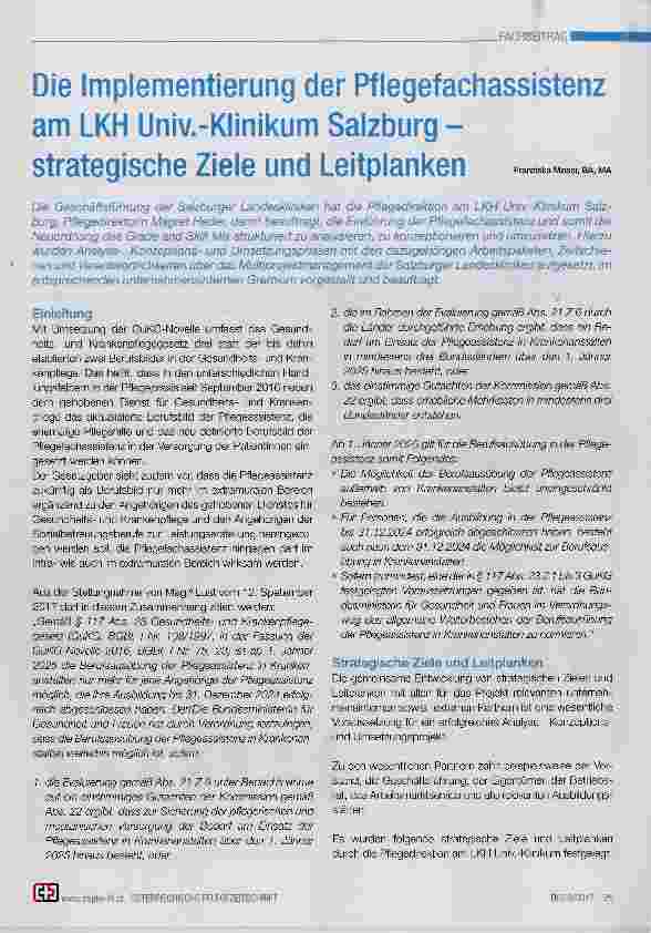 Vorschauseite 1: Die Implementierung der Pflegefachassistenz am LKH Univ. -Klinikum Salzburg strategische Ziele und Leitplanken