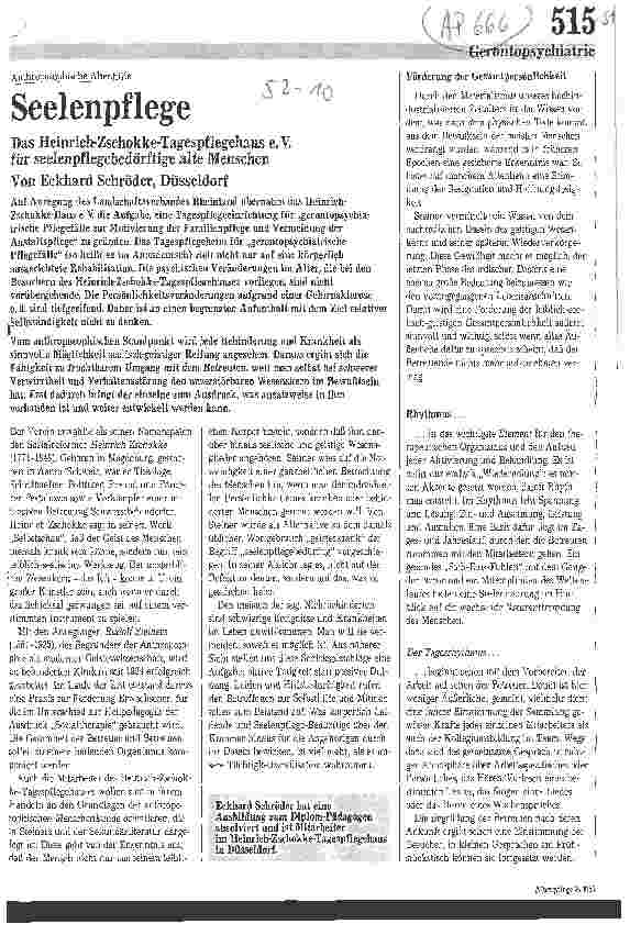 Vorschauseite 1: Seelenpflege /Das Heinrich-Zschokke-Tagepflegehaus e. V. für seelenpflegebedürftige alte Menschen