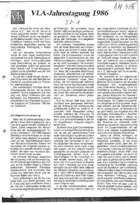 Vorschauseite 1: VLA-Jahrestagung 1986