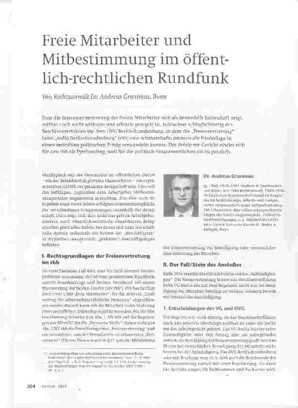 Vorschauseite 1: Freie Mitarbeiter und Mitbestimmung im öffentlich-rechtlichen Rundfunk