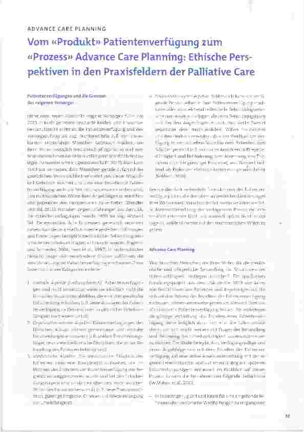 Vorschauseite 1: Vom «Produkt» Patienteuverfiigung zum «Prozess» Advance Care Planning: Ethische Pers-pektiven in den Praxisfeldern der Palliative Care