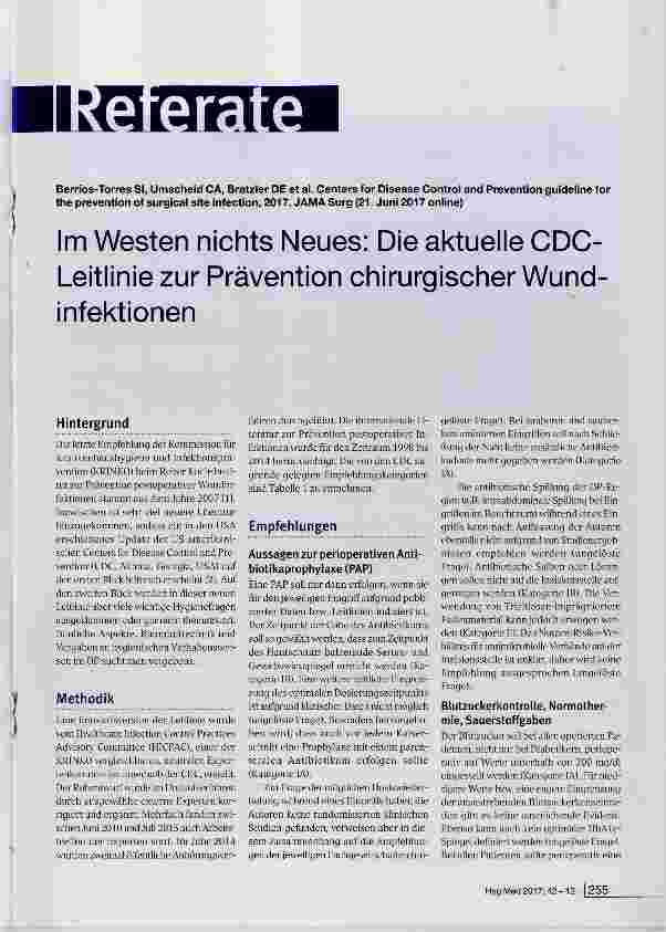 Vorschauseite 1: Im Westen nichts Neues: Die aktuelle CDC- Leitlinie zur Prävention chirurgischer Wundinfektionen