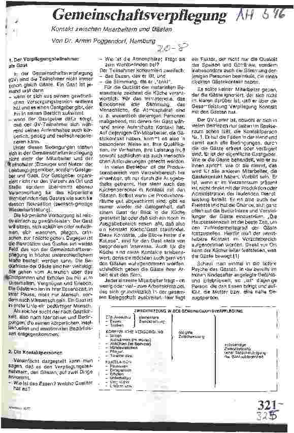 Vorschauseite 1: Gemeinschaftsverpflegung Kontakte zwischen Mitarbeitern und Gästen