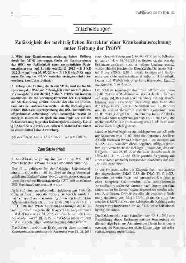 Vorschauseite 1: Zulässigkeit der nachträglichen Korrektur einer Krankenhausrechnung unter Geltung der PrüfvV