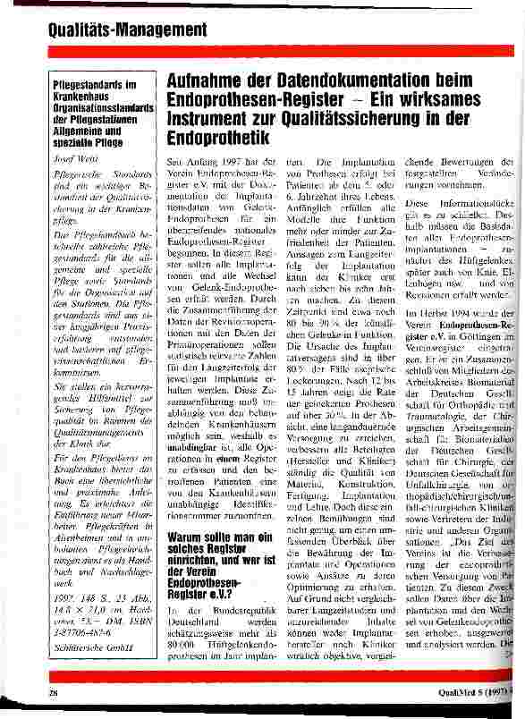 Vorschauseite 1: Aufnahme der Datendokumentation beim Endoprothesen-Register - Ein wirksames Instrument zur Qualitätssicherung in der Endoprothetik