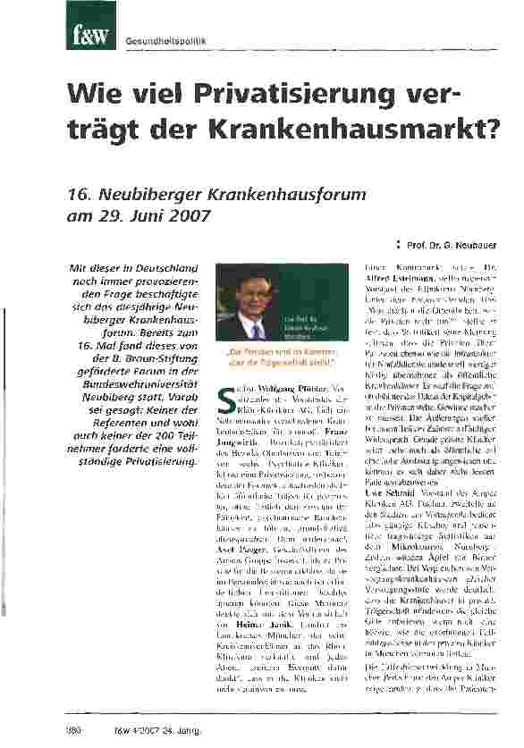 Vorschauseite 1: Wie viel Privatisierung verträgt der Krankenhausmarkt?