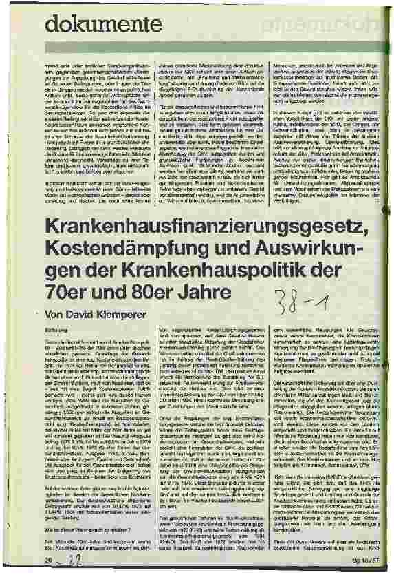 Vorschauseite 1: Krankenhausfinanzierungsgesetz, Kostendämpfung und Auswirkungen der Krankenhauspolitik der 70er und 80er Jahre