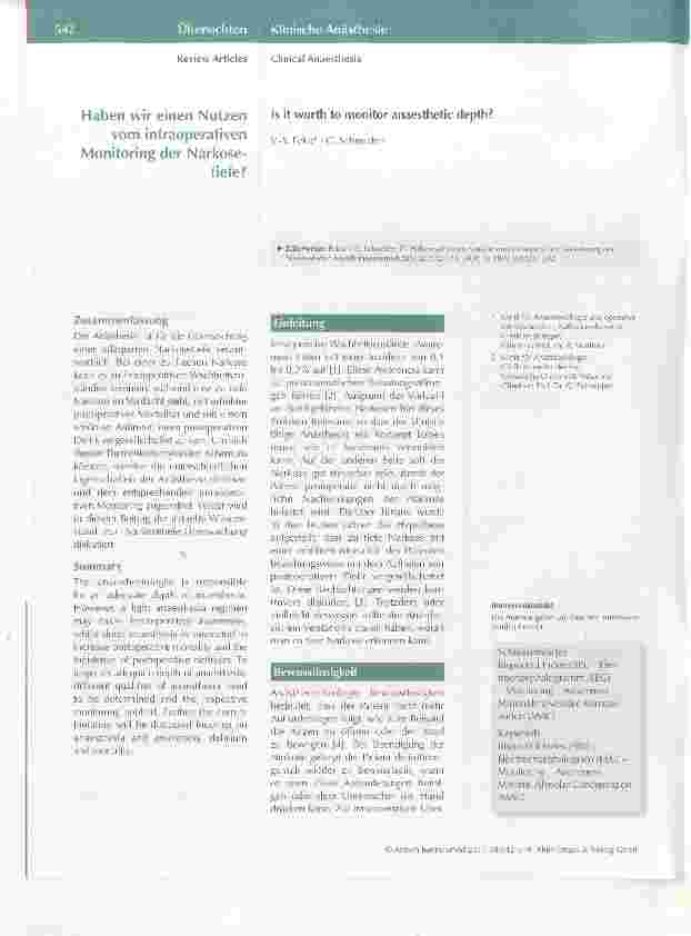 Vorschauseite 1: Haben wir einen Nutzen vom intraoperativen Monitoring der Narkosetiefe?