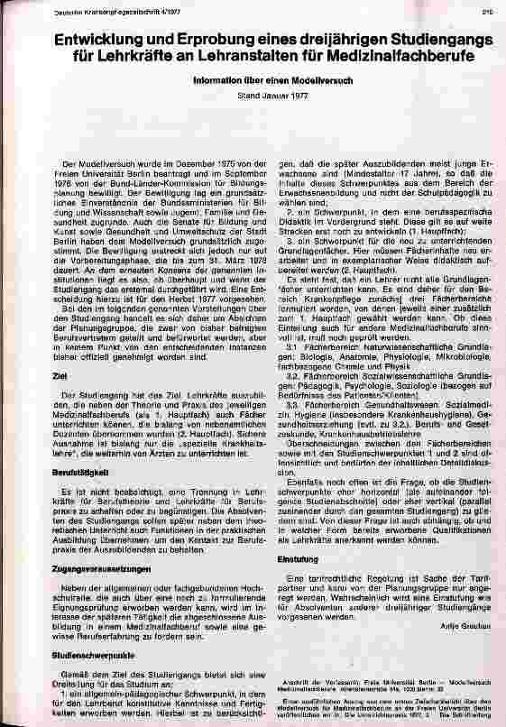 Vorschauseite 1: Entwicklung und Erprobung eines dreijährigen Studiengangs für Lehrkräfte an Lehranstalten für Medizinalfachberufe