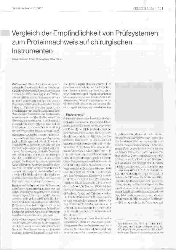Vorschauseite 1: Vergleich der Empfindlichkeit von Prüfsystemen zum Proteinnachweis auf chirurgischen Instrumenten