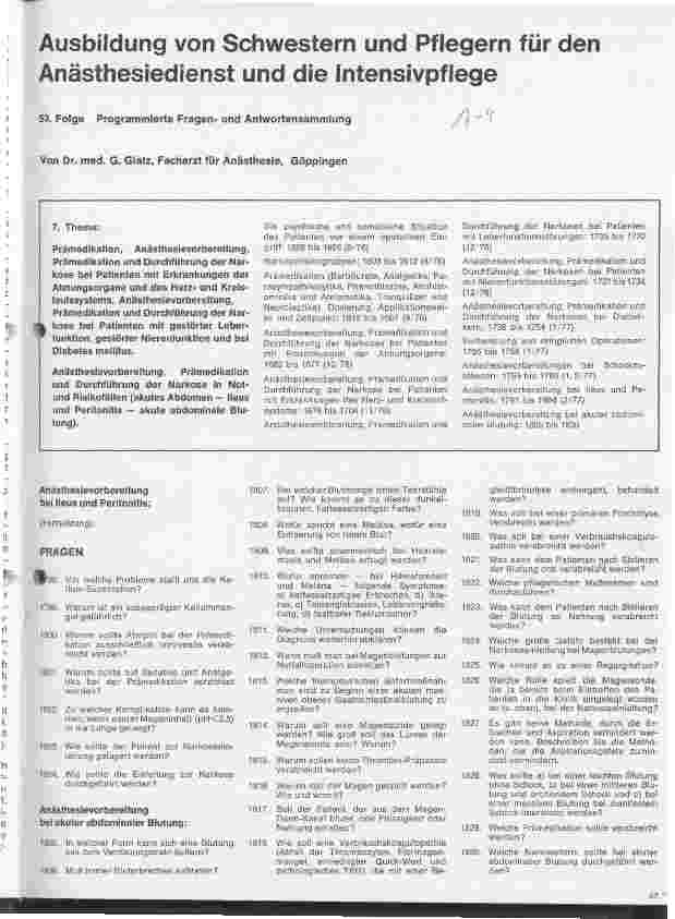 Vorschauseite 1: Ausbildung von Schwestern und Pflegern für den Anästhesiedienst und die Intensivpflege //53 Folge: Programmierte Fragen-u. Antwortsammlung