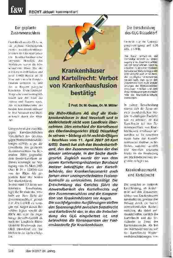 Vorschauseite 1: Krankenhäuser und Kartellrecht: Verbot von Krankenhausfusion bestätigt