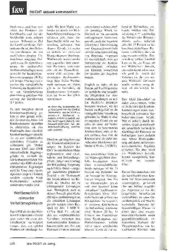 Vorschauseite 3: Krankenhäuser und Kartellrecht: Verbot von Krankenhausfusion bestätigt