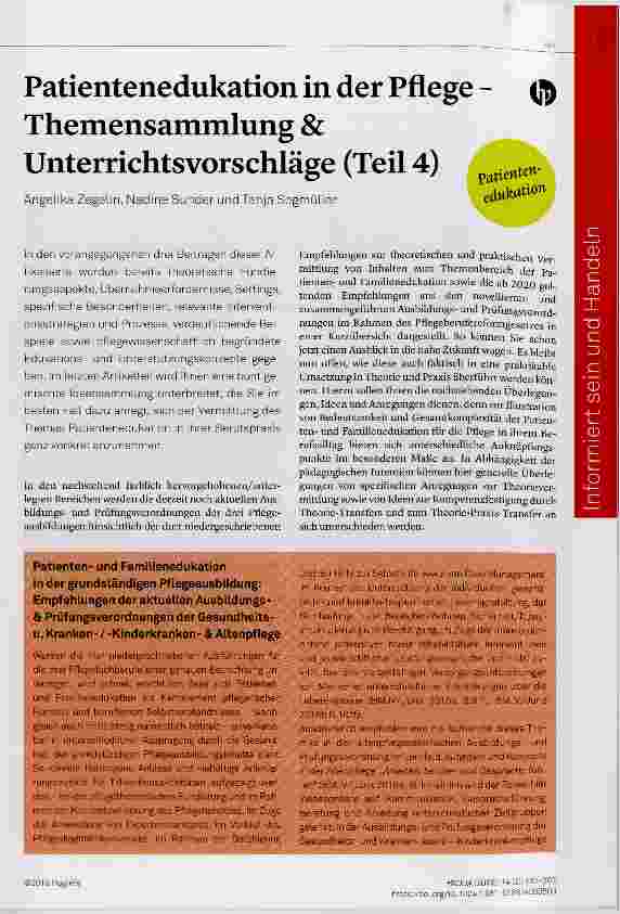 Vorschauseite 1: Patientenedukation in der Pflege Themensammlung & Unterrichtsvorschläge (Teil 4)