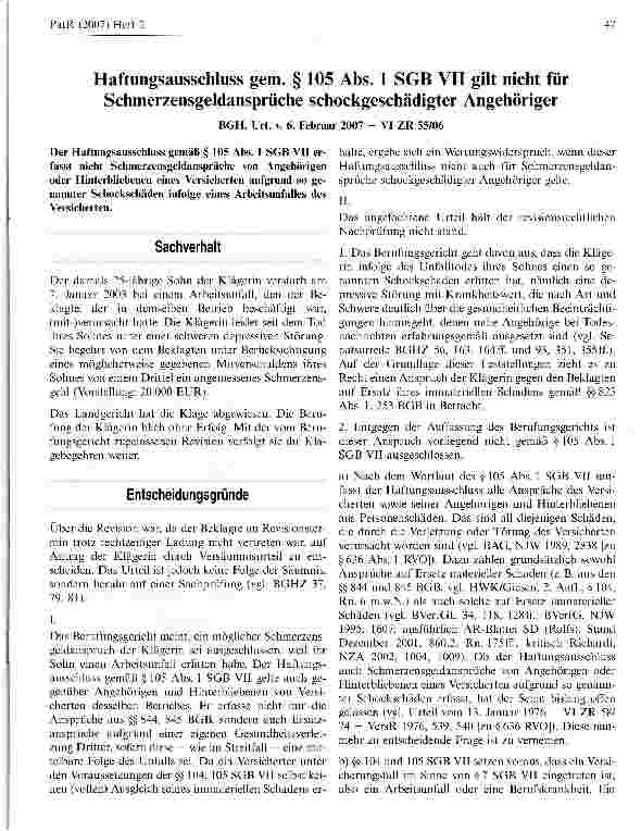 Vorschauseite 1: Haftungsausschluss gem. § 105 Abs. 1 SGB VII gilt nicht für Schmerzensgeldansprüche schockgeschädigter Angehöriger