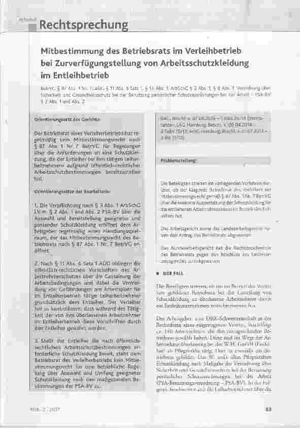 Vorschauseite 1: Mitbestimmung des Betriebsrats im Verleihbetrieb bei Zurverfügungstellung von Arbeitsschutzkleidung im Entleihbetrieb
