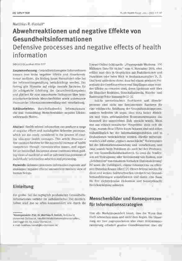 Vorschauseite 1: Abwehrreaktionen und negative Effekte von GesundheitsinformationenDefensive processes and negative effects of health information