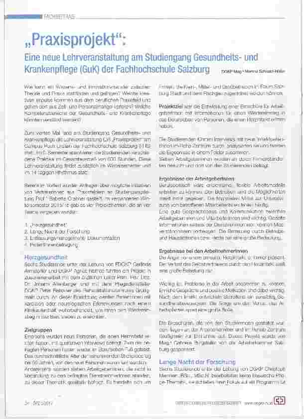 Vorschauseite 1: „Praxisprojekt“: Eine neue Lehrveranstaltung am Studiengang GesundheitsundKrankenpflege (GuK) der Fachhochschule Salzburg