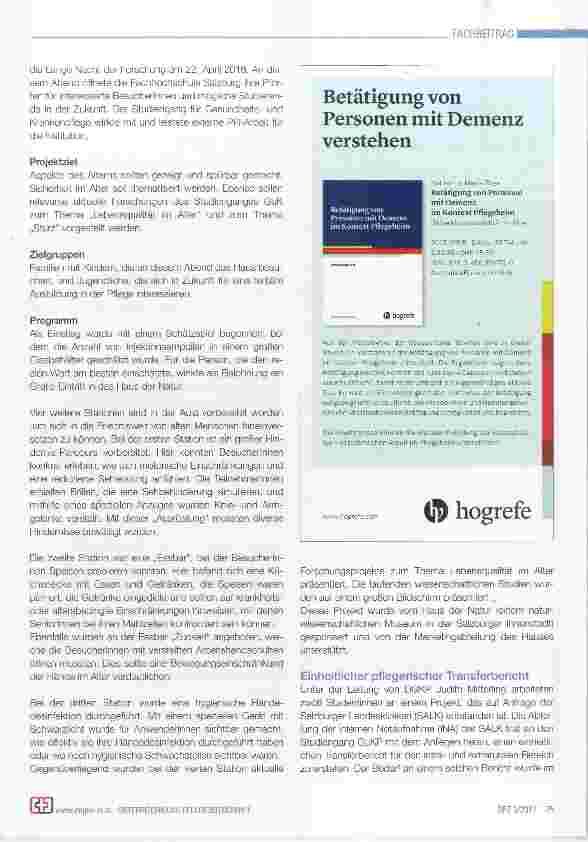 Vorschauseite 2: „Praxisprojekt“: Eine neue Lehrveranstaltung am Studiengang GesundheitsundKrankenpflege (GuK) der Fachhochschule Salzburg