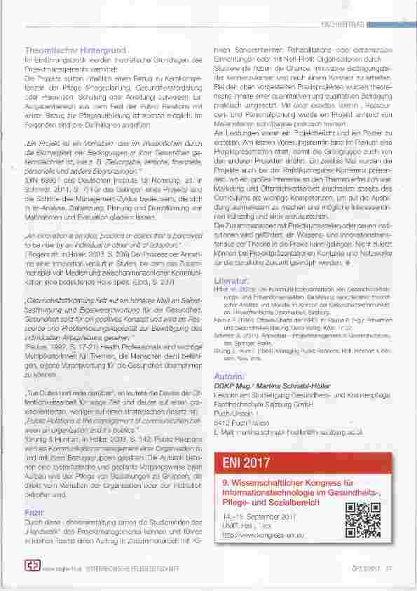 Vorschauseite 4: „Praxisprojekt“: Eine neue Lehrveranstaltung am Studiengang GesundheitsundKrankenpflege (GuK) der Fachhochschule Salzburg