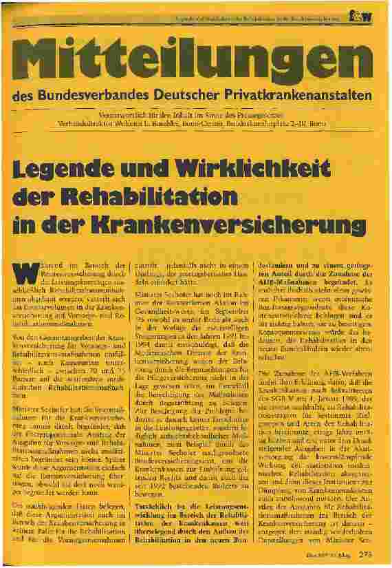 Vorschauseite 1: Legende und Wirklichkeit der Rehabilitation in der Krankenversicherung Mitteilungen des Bundesverbandes Deutscher Privatkrankenanstalten