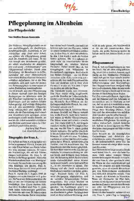 Vorschauseite 1: Pflegeplanung im Altenheim Ein Pflegebericht