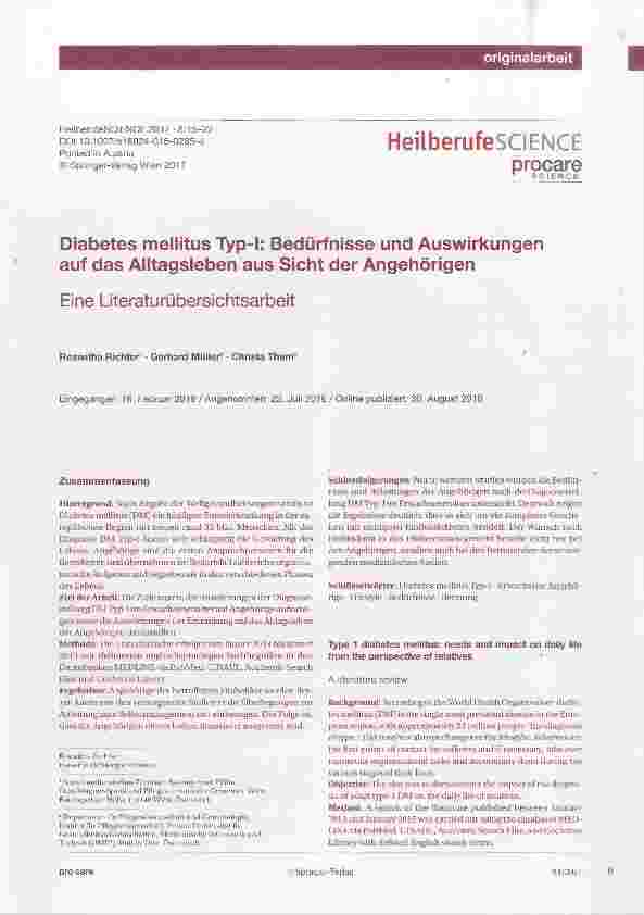 Vorschauseite 1: Diabetes mellitus Typ-I: Bedürfnisse und Auswirkungen auf das Alltagsleben aus Sicht der Angehörigen