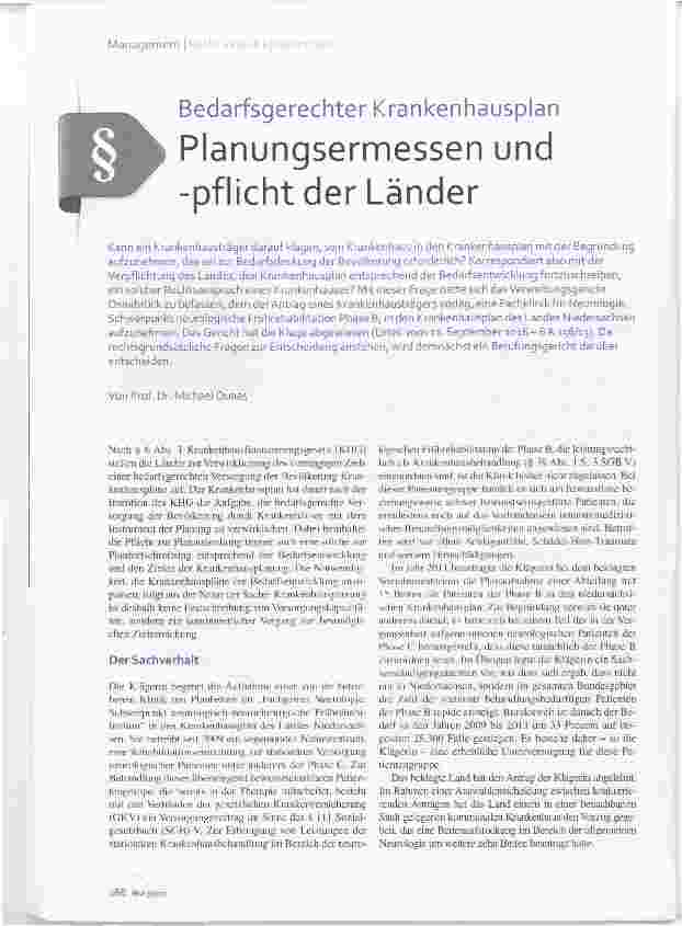 Vorschauseite 1: Bedarfsgerechter Krankenhausplan Planungsermessen und -pflicht der Länder