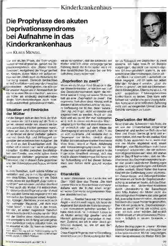 Vorschauseite 1: Die Prophylaxe des akuten Deprivationssyndroms bei Aufnahme in das Kinderkrankenhaus