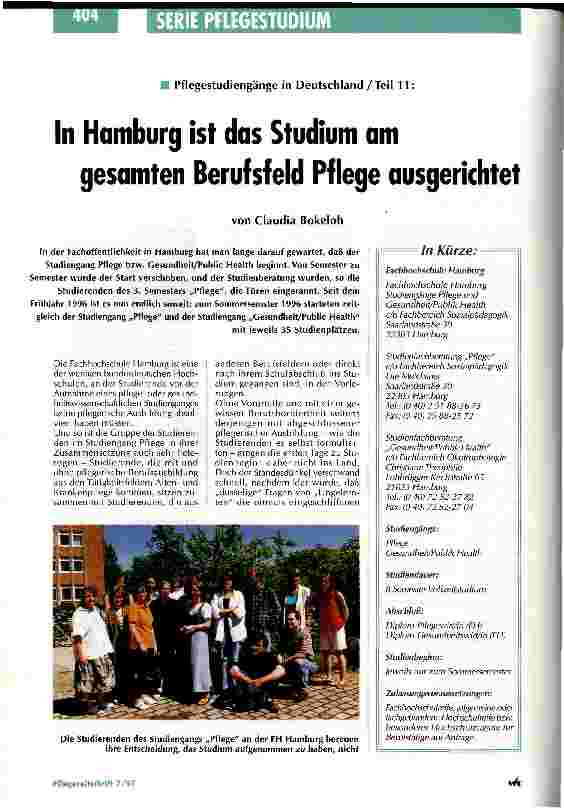 Vorschauseite 1: In Hamburg ist das Studium am gesamten Berufsfeld Pflege ausgerichtet Pflegestudiengänge in Deutschland/Teil 11