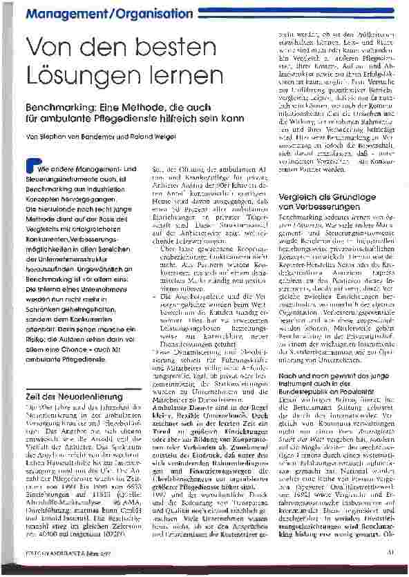 Vorschauseite 1: Von den besten Lösungen lernen Benchmarking: Eine Methode, die auch für ambulante Pflegedienste hilfreich sein kann