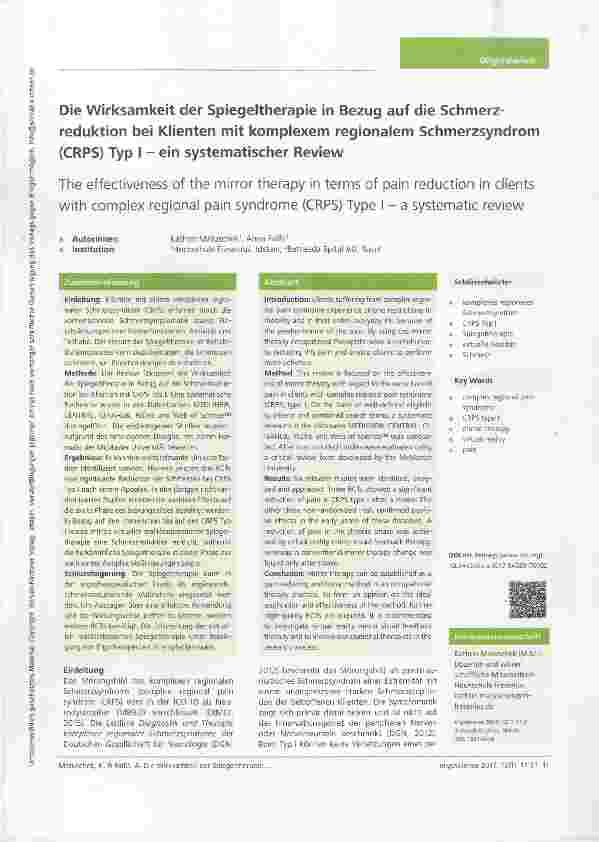 Vorschauseite 1: Die Wirksamkeit der Spiegeltherapie in Bezug auf die Schmerzreduktion bei Klienten mit komplexem regionalem Schmerzsyndrom (CRPS) Typ I - ein systematischer Review