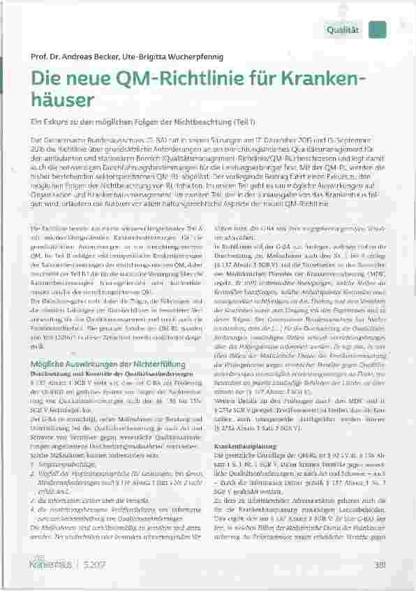 Vorschauseite 1: Die neue QM-Richtlinie für Krankenhäuser Ein Exkurs zu den möglichen Folgen der Nichtbeachtung (Teil 1)
