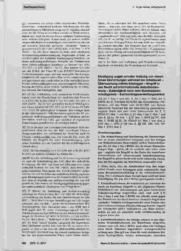 Vorschauseite 1: Kündigung wegen privater Nutzung von dienstlichen Einrichtungen während der Arbeitszeit Überwachung mittels Keylogger - Eingriff in das Recht auf informationeile Selbstbestimmung…