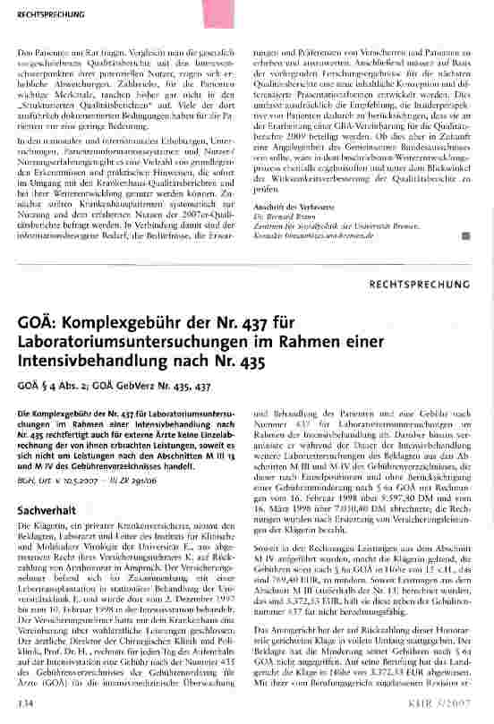 Vorschauseite 1: GOÄ: Komplexgebühr der Nr. 437 für Laboratoriumsuntersuchungen im Rahmen einer Intensivbehandlung nach Nr. 435