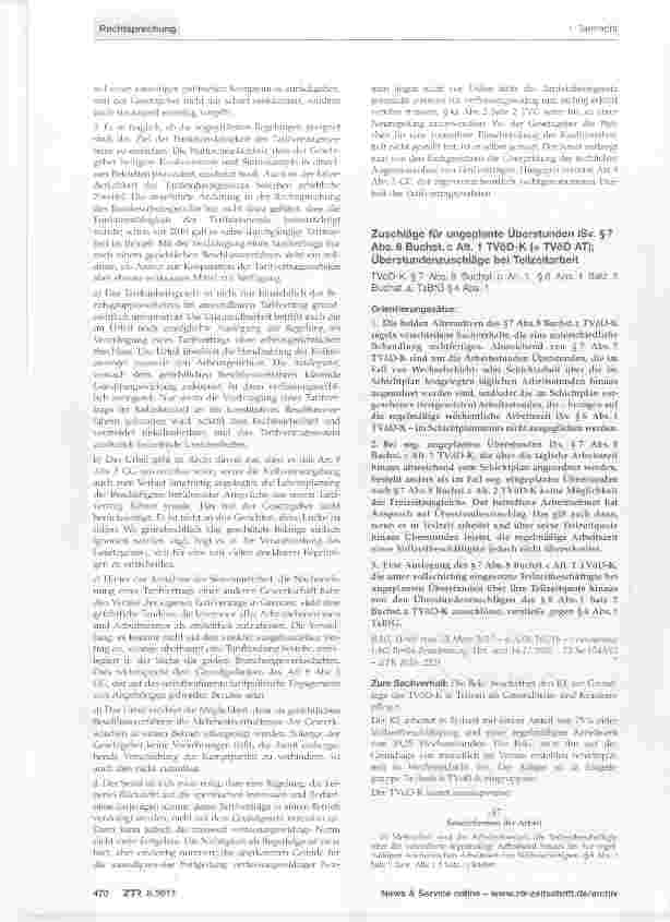 Vorschauseite 1: Zuschläge für ungeplante Überstunden iSv. §7 Abs. 8 Buchst, c Alt. 1 TVÖD-K (= TVöD AT); Überstundenzuschläge bei Teilzeitarbeit