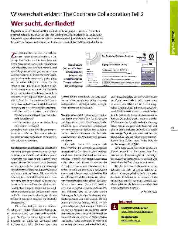 Vorschauseite 1: Wissenschaft erklärt: The Cochrane Collaboration Teil 2 Wer sucht, der findet!