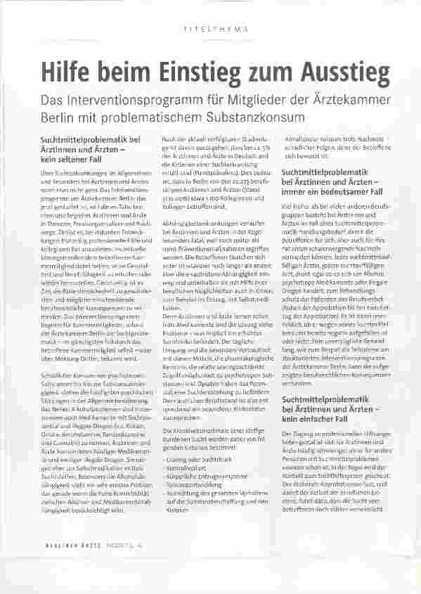 Vorschauseite 1: Hilfe beim Einstieg zum Ausstieg Das Interventionsprogramm für Mitglieder der Ärztekammer Berlin mit problematischem Substanzkonsum