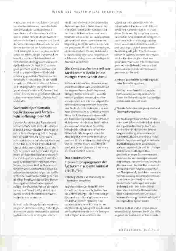 Vorschauseite 2: Hilfe beim Einstieg zum Ausstieg Das Interventionsprogramm für Mitglieder der Ärztekammer Berlin mit problematischem Substanzkonsum