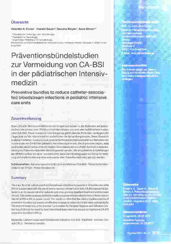 Vorschauseite 1: Präventionsbündelstudien zur Vermeidung von CA-BSI in der pädiatrischen Intensivmedizin