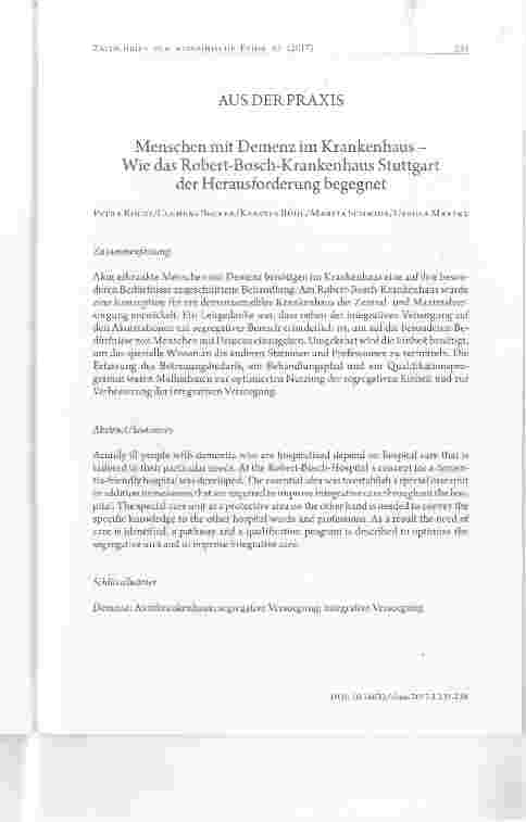 Vorschauseite 1: AUS DER PRAXIS Menschen mit Demenz im Krankenhaus Wie das Robert-Bosch-Krankenhaus Stuttgart der Herausforderung begegnet