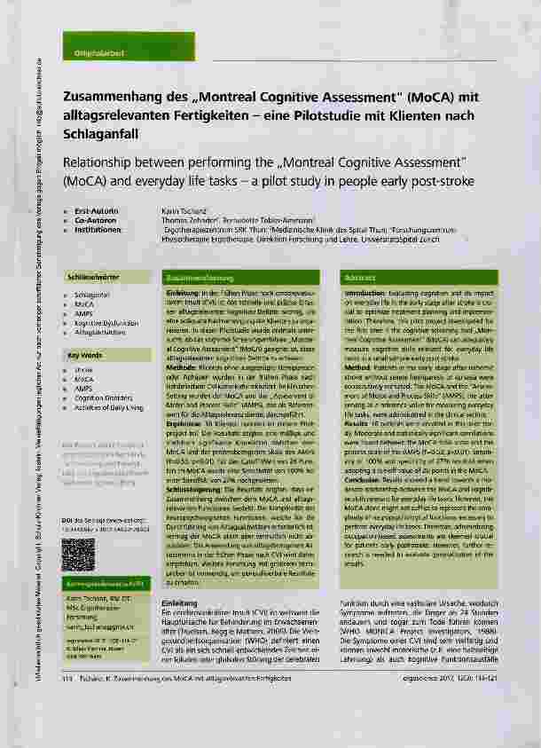 Vorschauseite 1: Zusammenhang des „Montreal Cognitive Assessment (MoCA) mit alltagsrelevanten Fertigkeiten eine Pilotstudie mit Klienten nach Schlaganfall