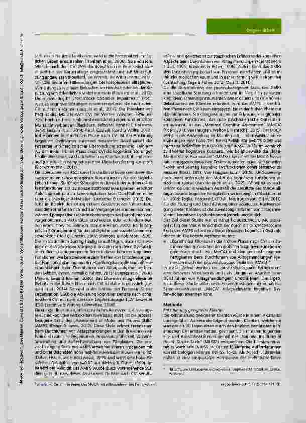 Vorschauseite 2: Zusammenhang des „Montreal Cognitive Assessment (MoCA) mit alltagsrelevanten Fertigkeiten eine Pilotstudie mit Klienten nach Schlaganfall
