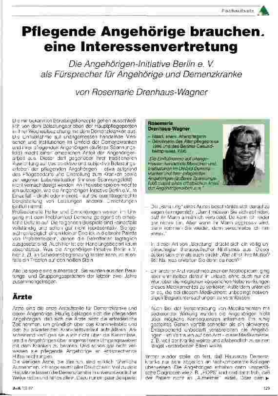 Vorschauseite 1: Pflegende Angehörige brauchen eine Interessenvertretung Die Angehörigen-Initiative Berlin e. V. als Fürsprecher für Angehörige und Demenzkranke