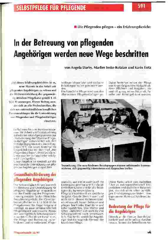 Vorschauseite 1: In der Betreuung von pflegenden Angehörigen werden neue Wege beschritten Die Pflegenden pflegen - ein Erfahrungsbericht