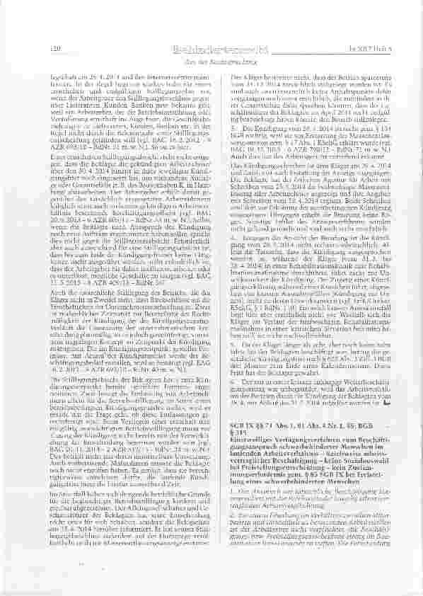 Vorschauseite 1: SGB IX §§ 71 Abs. 1, 81 Abs. 4 Nr. 1, 85; BGB §315 Einstweiliges Verfügungsverfahren zum Beschäftigungsanspruch schwerbehinderter Menschen im laufenden Arbeitsverhältnis