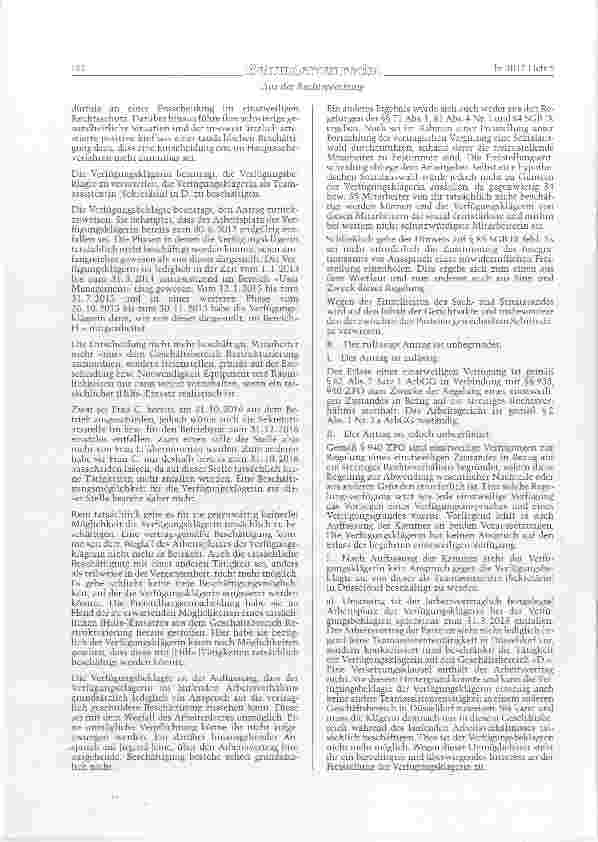 Vorschauseite 3: SGB IX §§ 71 Abs. 1, 81 Abs. 4 Nr. 1, 85; BGB §315 Einstweiliges Verfügungsverfahren zum Beschäftigungsanspruch schwerbehinderter Menschen im laufenden Arbeitsverhältnis